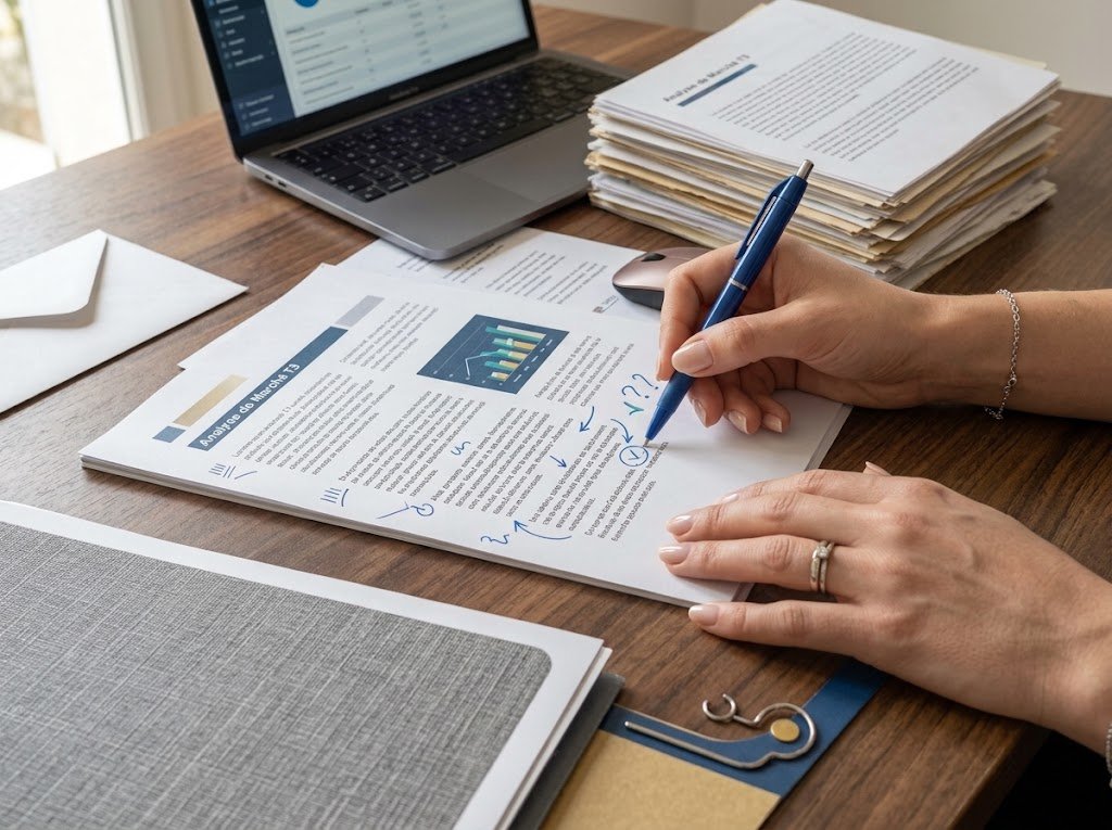 Vue rapprochée du travail de relecture de l'agence DmProConseil sur un rapport d'analyse de marché pour un service de production écrite professionnelle.