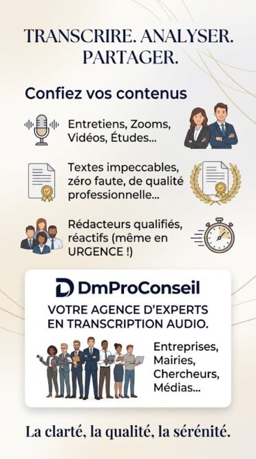 Infographie promotionnelle au format story pour DmProConseil présentant les services de transcription audio professionnelle : entretiens, Zoom, réacteurs qualifiés et gestion des urgences.