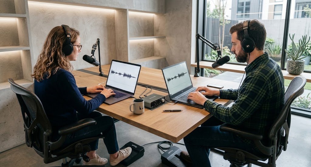 Deux rédacteurs professionnels en studio moderne travaillant sur la transcription d'enregistrements audio sur leurs ordinateurs.